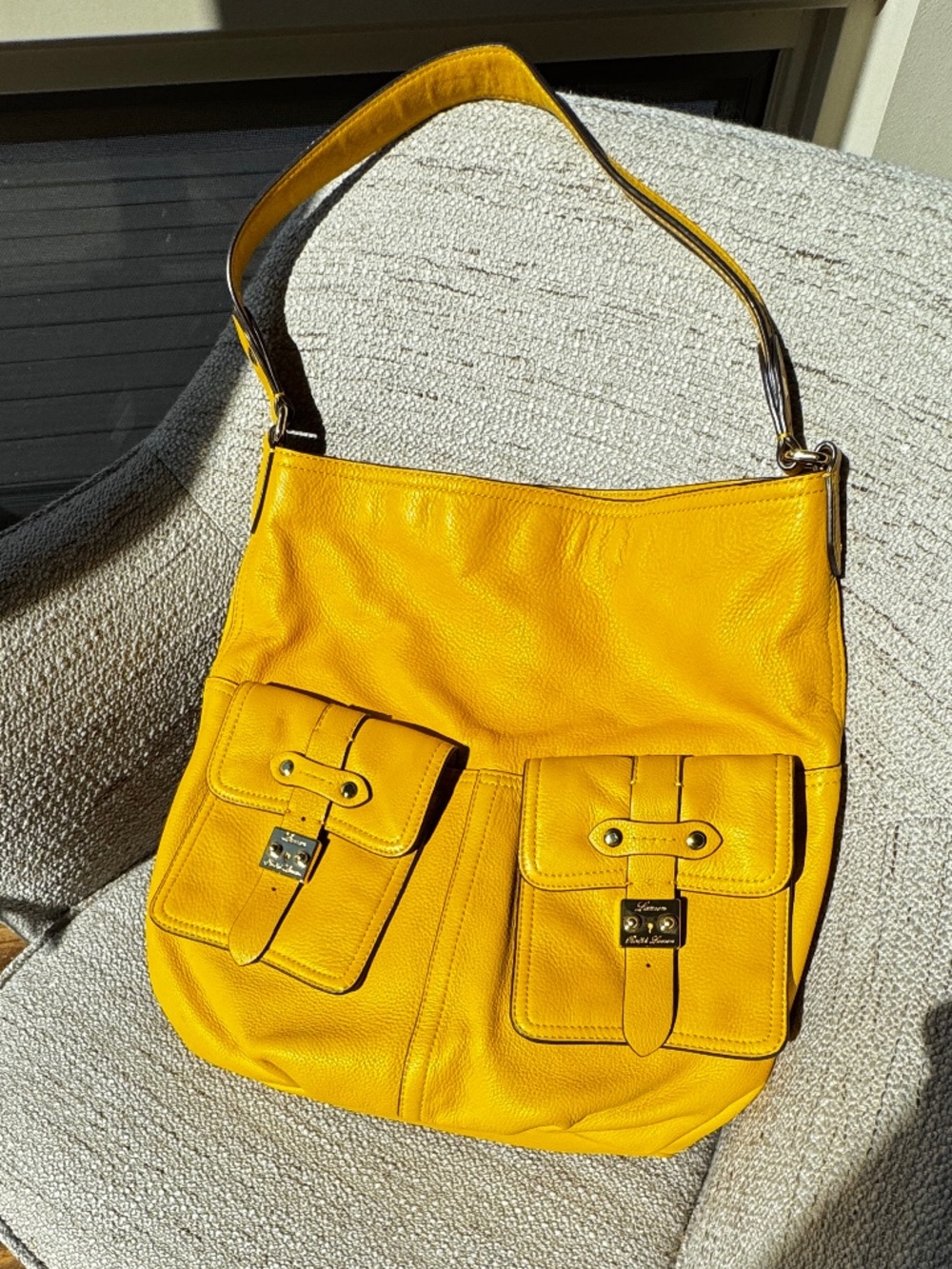 LRL Ralph Lauren Marigold Yellow Leather Double Cargo Pocket Hobo Bag